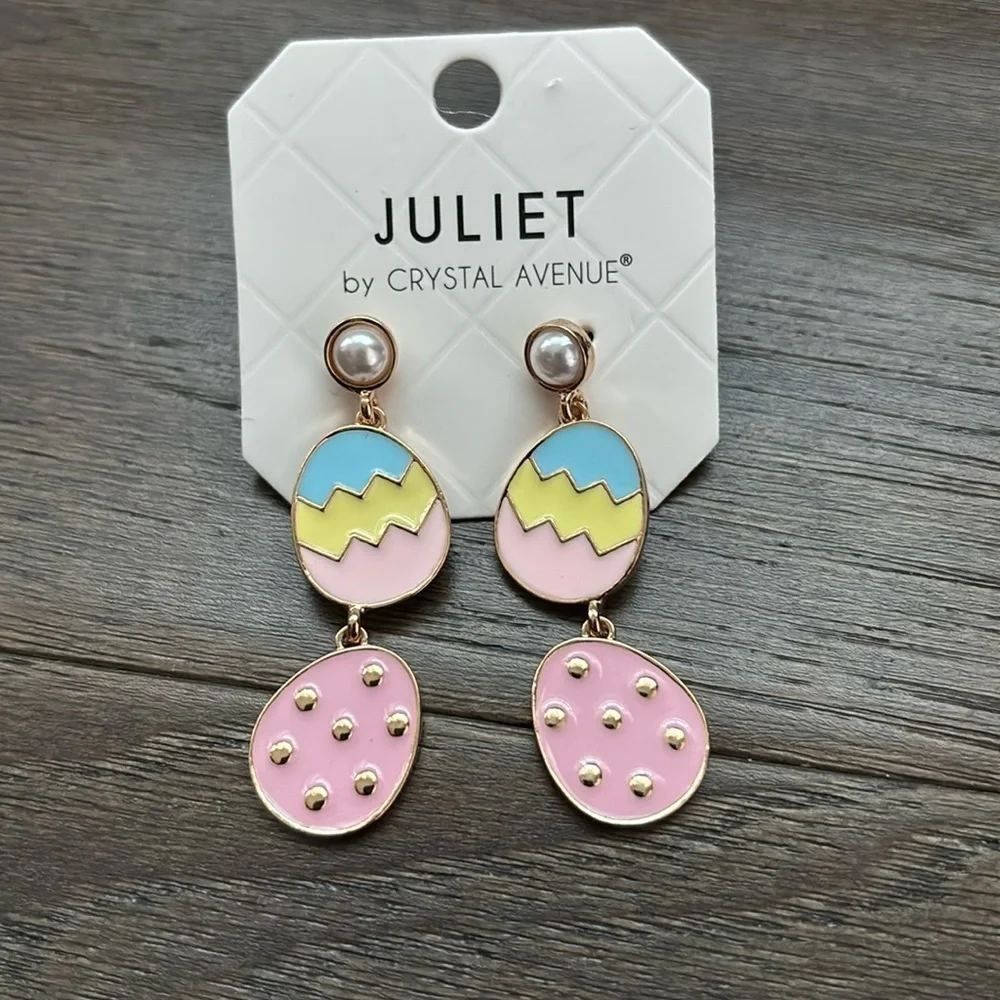 Juliet Easter Egg earrings, pearl like post, double drop colorful eggs